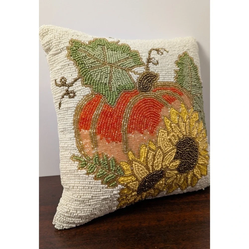 Beaded Pumpkin Sunflower Fall Harvest Throw Pillow White Autumn Decor 11" - Picture 2 of 6
